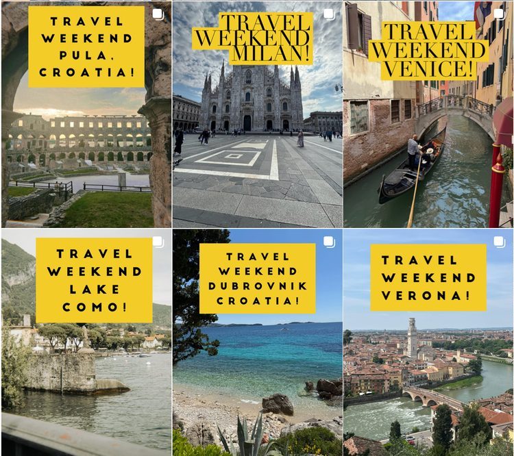 Six travel weekend photos from CIMBA students: Pula and Dubrovnik in Croatia, Milan, Venice, Lake Como, and Verona
